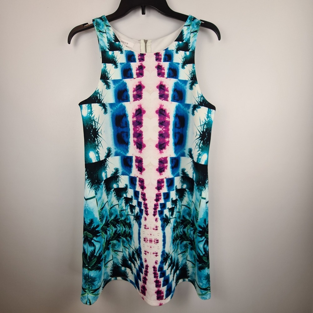 OOTD Womens Large Blue Tropical Palm Tree Cutout Back Sleeveless Mini Dress USA